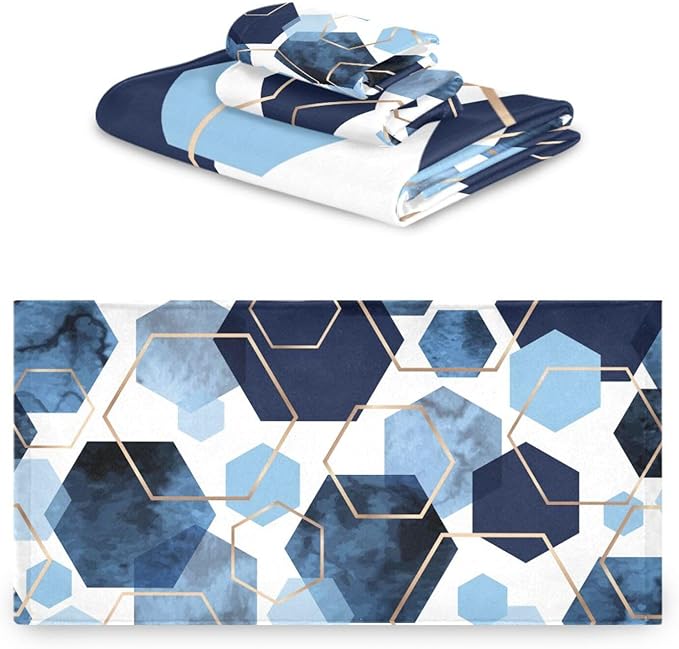 Navy Blue Geometric Bath Towels Set,Ultra Soft 3 Piece Modern Art Sky Blue Abstract Towels for Bathroom,1 Bath Towel 1 Hand Towel 1 Washcloth,Absorbent Quick Dry Decoractive Bathroom Towels