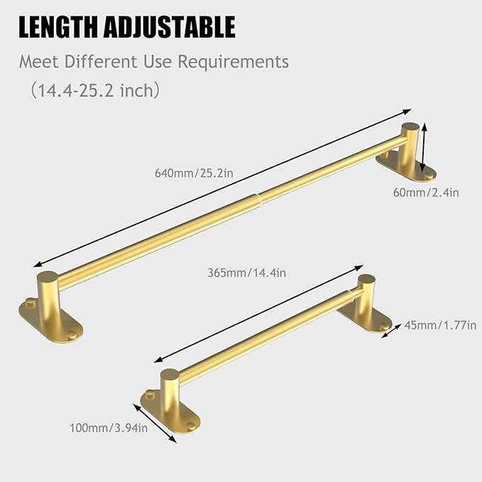 Towel Bar, Adjustable 14.4inch - 25.2inch Towel Rack, Self Adhesive & Wall Mounted for Bathroom Kitchen Hand Towel Holder Cloths Hanger SUS 304 Stainless Steel Organizer Single Bar (1, Gold)