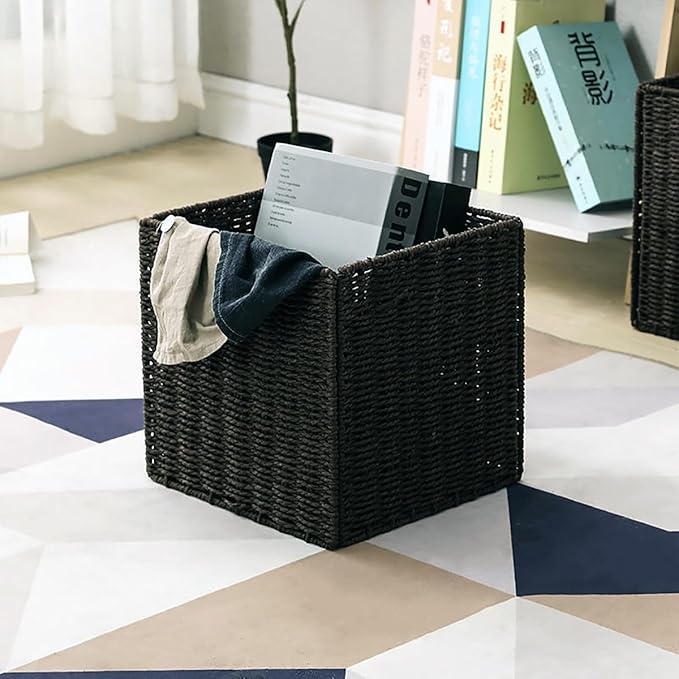 10.5x10.5in Storage Basket, 1 Pack Black Paper Rope Woven Baskets,Foldable Handwoven Storage Cubes,Wicker Cube Baskets Laundry Organizer Totes for Bathroom, Bedroom, Laundry, Pantry, Shelves