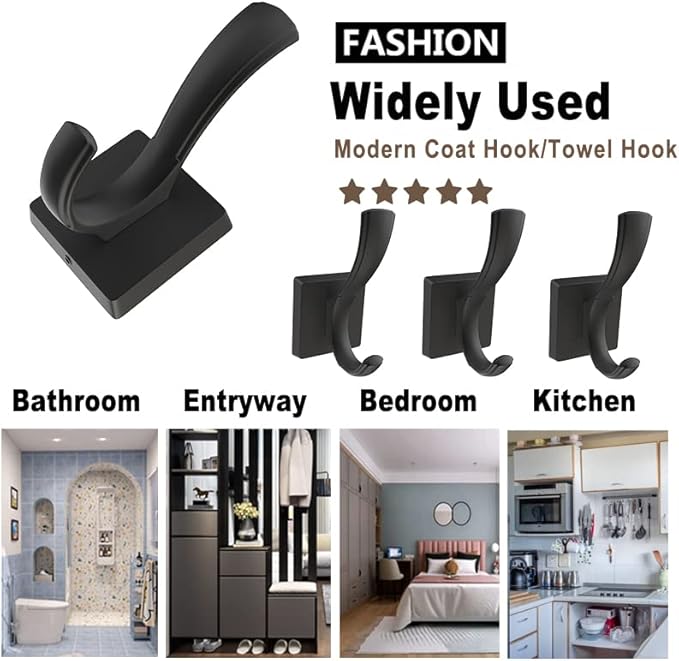Black Towel Hooks Coat Hook, Towels Robe Holder for Bathroom Hat Hooks for Wall Hanging Key Bag Backpack (5 Pack, Black)