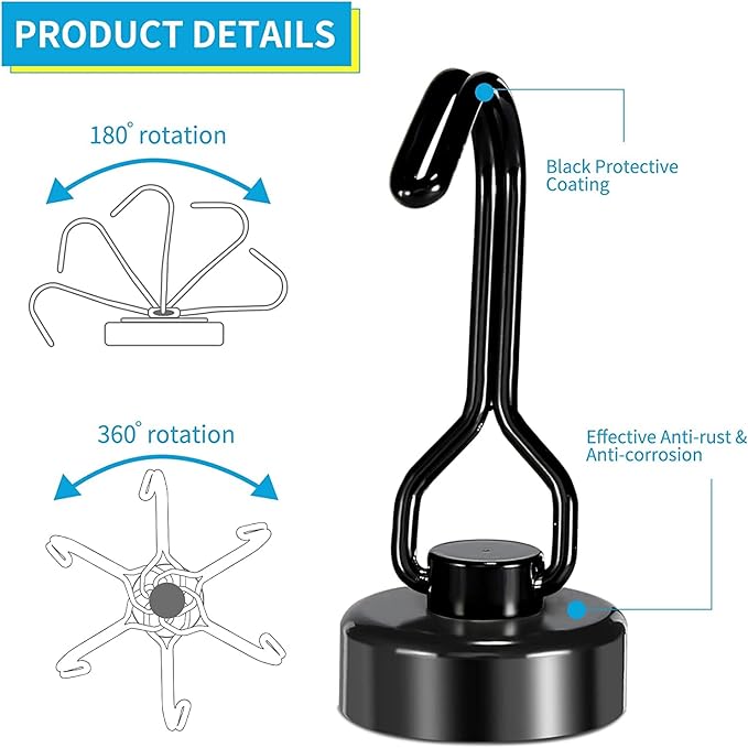 Donanim 8 Pack Magnetic Hooks, 30LBS Neodymium Strong Black Magnets Hook Heavy Duty for Indoor Outdoor Hanging, Refrigerator, Grill, Kitchen Kitchen Tools Hanging