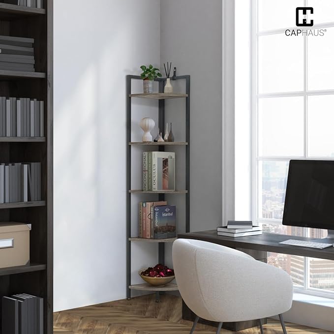 CAPHAUS 5 Tier Corner Shelf, 59.1-Inch Tall Corner Bookshelf, Corner Display Rack with Metal Frame, Round Corner Shelf Unit Rack, Tall Corner Stand for Bathroom, Living Room, Home, Office, Dark Grey