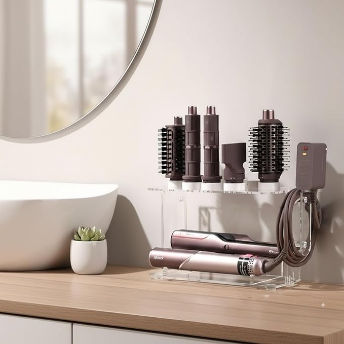 Dyson Airwrap Holder, Dyson Airwrap Wall Mount Clear Acrylic Organizer, Shark Hair Dryer Holder Stand with 8 Slots Cord Hook, Heat-Resistant Storage for Bathroom/Vanity UEMUSI