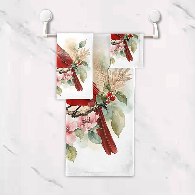 Christmas Winter Towels Set of 3 Red Cardinal Bird on Beautiful Flowers Bathroom Towel Soft Absorbent Bath Hand Towels Washcloth Guest Towel Sets Xmas Holiday Decor