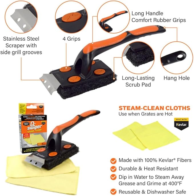 Q-Swiper XL Steam-Clean Grill Cleaning Value Set — Bristle-Free Brush with Scraper — Dipping Tray, 4 Kevlar® Heat Resistant Cleaning Cloths — Safe Way to Steam Away BBQ Grill Grease & Grime