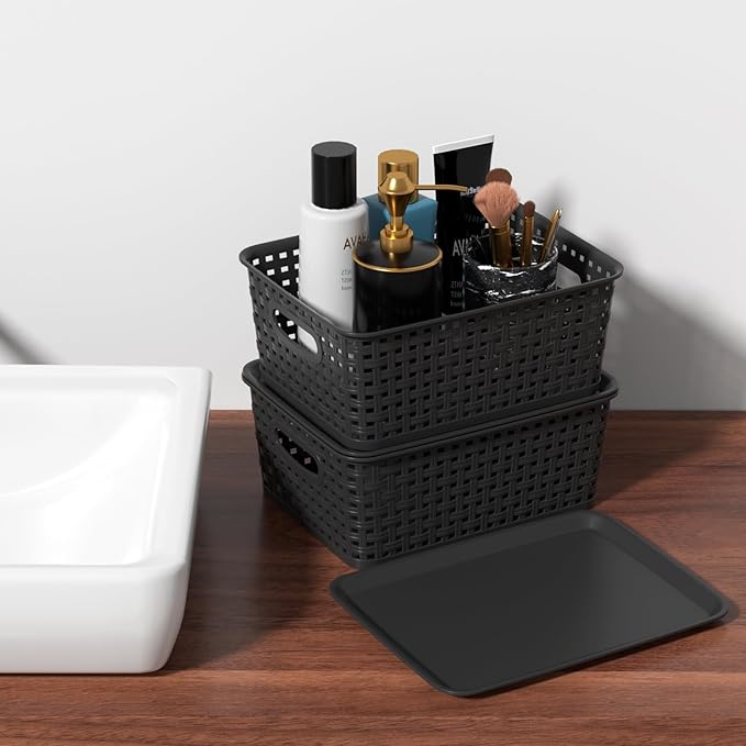 6 Pack Plastic Storage Basket Bins with Lid, Plastic Lidded Storage Bins Shelf Basket for Bathroom, Classroom, Office, Black