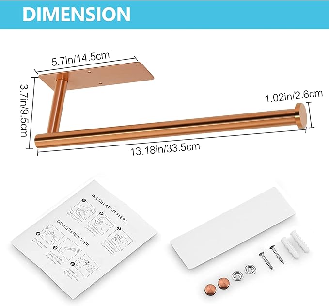 Paper Towel Holder Under Cabinet Wall Mount Paper Towel Holder Adhensive SUS304 Stainless Steel Kitchen Towel Holder Rack Hanging Paper Holder for Kitchen Bathroom Organizer(1,Gold)
