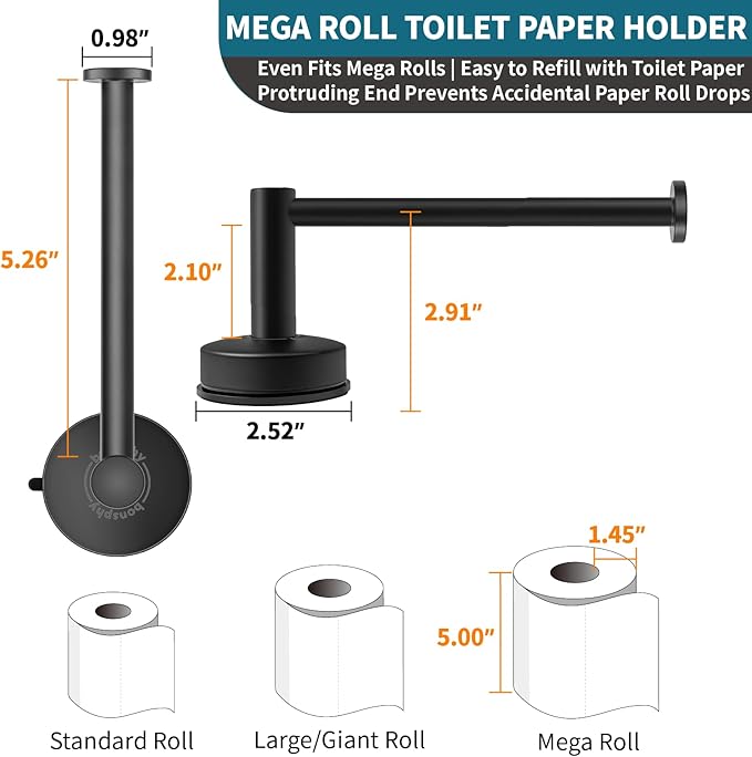 Bathroom Towel Holder | Toilet Paper Holder Wall Mount, 2-in-1, Adhesive Suction, Reusable - Towel Hanger | Black Toilet Paper Holder for Bathroom, Kitchen, RV - Install Easily, Instantly Use, 2 Pack