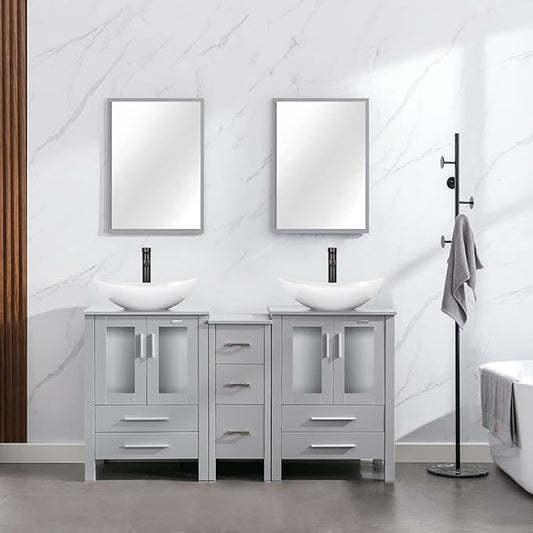eclife 60" Modern Bathroom Vanity Sink Combo Freestanding Cabinet with Small Side Cabinet, White Boat Ceramic Vessel Sink, Water Save Faucet, Drain (Gray+T44)