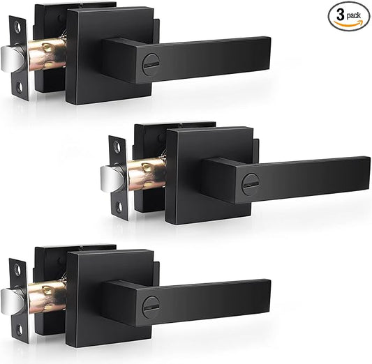 Probrico 3 Pack| Matte Black Square Privacy Door Levers Heady Duty Interior Door Handles, Keyless Locks Reversible Handlesets for Bed/Bath