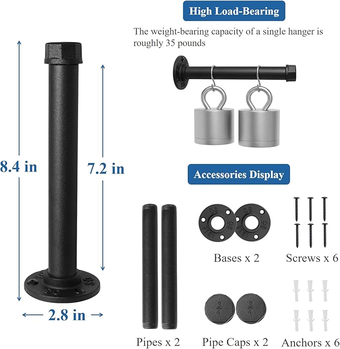 Wall Mounted Clothes Rack, Industrial Pipe Clothing Rack for Hanging Clothes, Heavy Duty Cast Iron Garment Racks for Wardrobe Organizers, DIY Closet Rods Closet Bar (Black 2 Pack, 8 Inch)