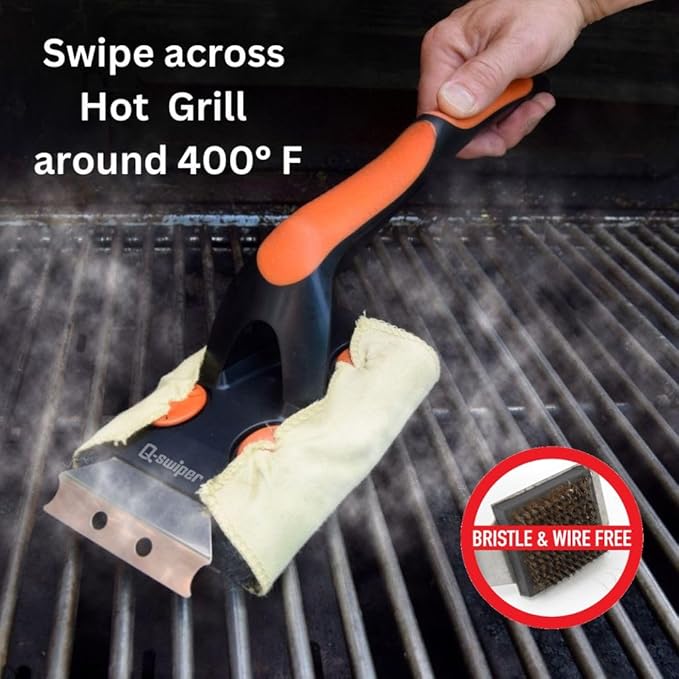 Q-Swiper XL Steam-Clean Grill Cleaning Value Set — Bristle-Free Brush with Scraper — Dipping Tray, 4 Kevlar® Heat Resistant Cleaning Cloths — Safe Way to Steam Away BBQ Grill Grease & Grime