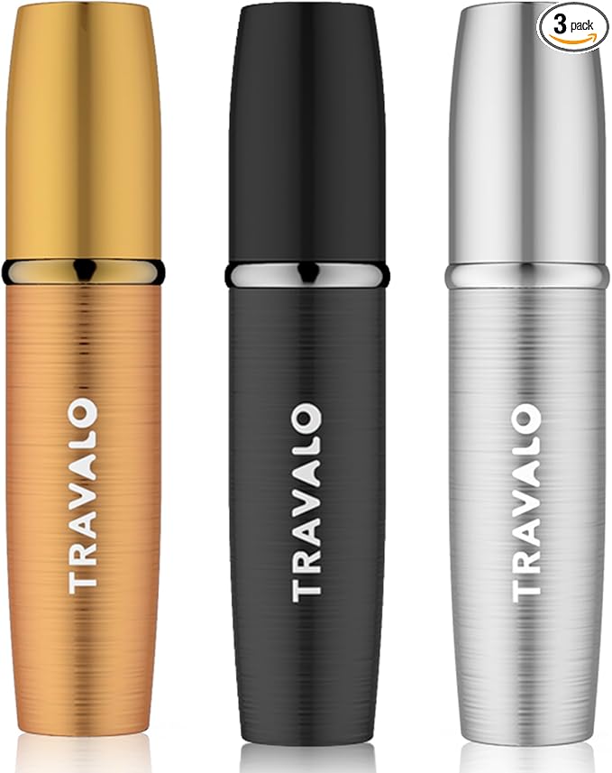 LUX Perfume Atomizer Bundle - Leak-Proof and TSA Approved for Air Travel - Reusable, Easy Fill Mini Pump Sprayer - Lightweight, Brushed Polished Metal - Gold, Black, Silver - 3 Pack