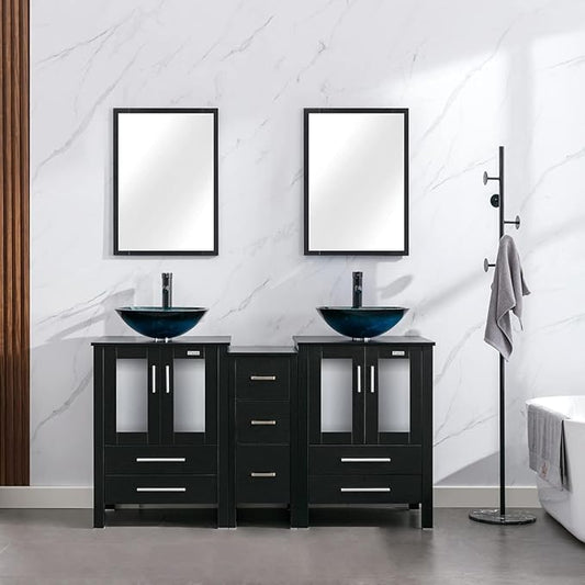eclife 60" Modern Bathroom Vanity Sink Combo Freestanding Cabinet with Small Side Cabinet, Turquoise Square Glass Vessel Sink, Water Save Faucet, Drain (Black+A10)