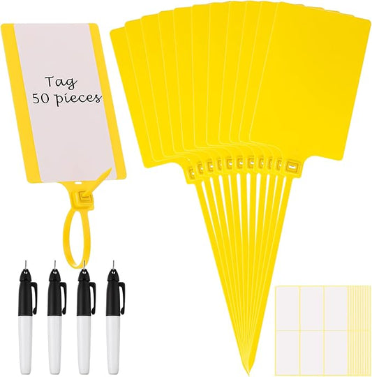 Pajean Waterproof Plastic Tags with Marker Pens and Sticker Labels, Self Locking Bag Writable Tags with Wire Cable Ties for Luggage(Yellow,50 Pieces)