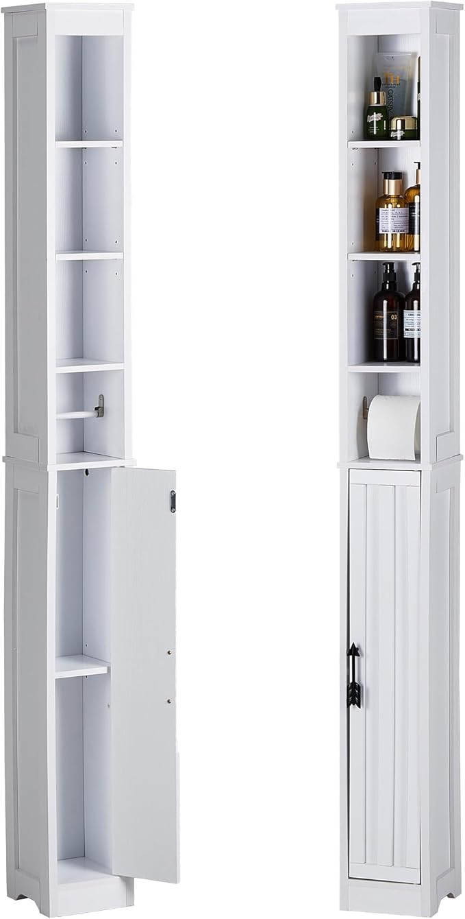 VECELO Narrow Bathroom Storage Cabinet with 3 Adjustable Shelves, 71" Tall Freestanding Cabinet with Toilet Paper Holder, Slim Tower Cabinet with Magnetic Door, for Small Spaces, White