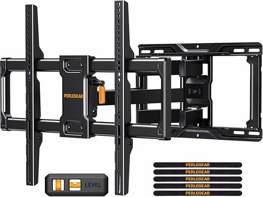 Perlegear Full Motion TV Wall Mount for Most 42–86 inch Flat Curved TVs up to 132 lbs, 12″/16″ Wood Studs, Bracket with Articulating Arms, Swivel, Tool-Free Tilt, Max VESA 600x400mm PGLF12