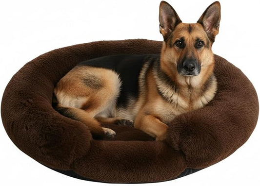 Fluffy Dog Bed Calming Donut Beds for Large Dogs Warming Round Small Medium Pet Nest Cozy Cat Mattress Indoor Washable Puppy Kennel Kittens Sleep Mat (L, 35.4×35.4 inch, Brown)
