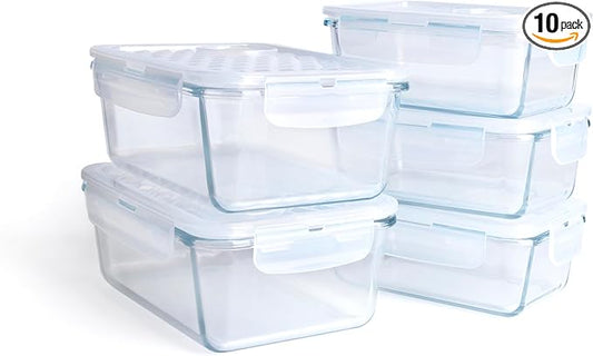 Borosilicate Tempered Glass Food Storage Containers with Lids, [5 Pack] Airtight Lunch Containers. Microwave, Oven, Freezer and Dishwasher Safe.