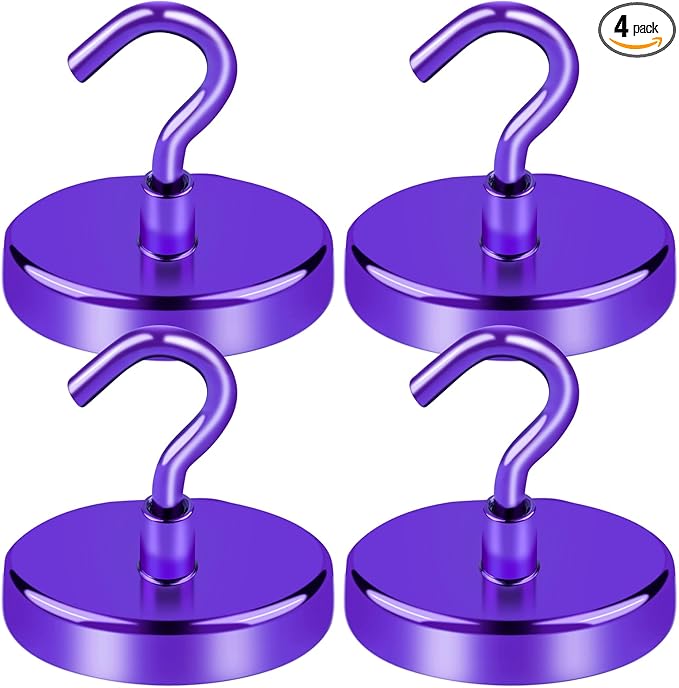 LOVIMAG Strong Magnet Hooks, 170Lbs Metal Heavy Duty, Purple with Hooks for Hanging, Cruise Cabins, Refrigerator - 4 Pack