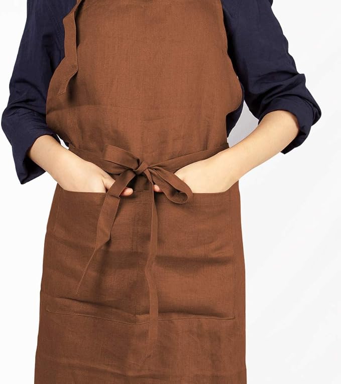 ATLINIA 100% Linen Apron with Buttons Adjustable Bib Apron with Pockets Linen Half Apron Bistro Apron