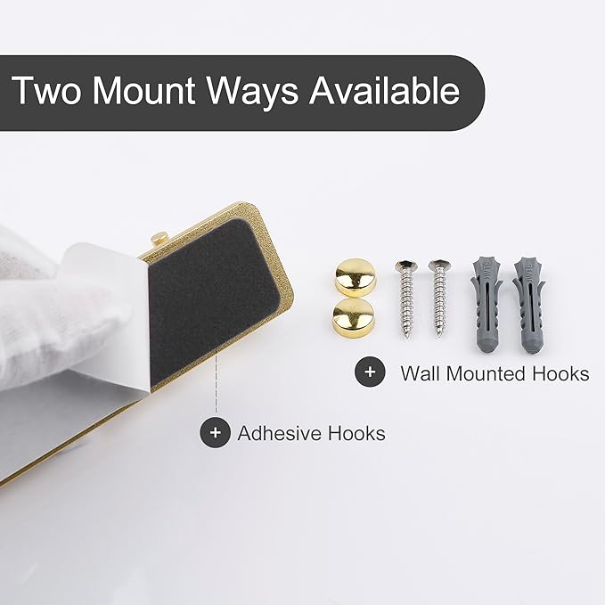 Adhesive Bathroom Gold Hook Rail, 5 Brushed Gold Wall Key Hooks Rack Hanger Towel Robe Stick Door Hooks for Bathroom Toilet Entryway Hallway Kitchen Wall Mounted