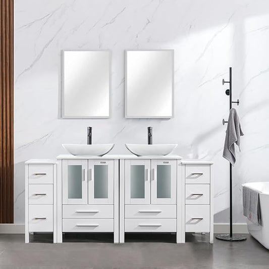 eclife 72" Modern Bathroom Vanity Sink Combo Freestanding Cabinet with Small Side Cabinet, White Curved Ceramic Vessel Sink, Water Save Faucet, Drain (White+T32)