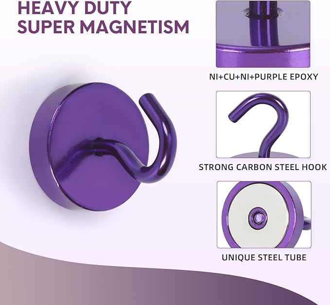 Neosmuk Magnetic Hooks, Cruise Ship Essentials, 8lb+ Heavy Duty Magnetic Hooks for Cruise Cabins, Refrigerator, Grill, Hanging, and Travel | Extra Strong Must-Haves Magnet Hook,Purple