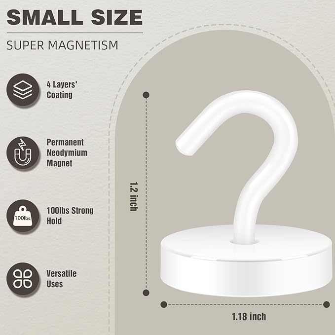 Neosmuk Magnetic Hooks, Cruise Ship Essentials, 10lb+ Heavy Duty Magnetic Hooks for Cruise Cabins, Refrigerator, Grill, Hanging, and Travel | Extra Strong Must-Haves Magnet Hook,White