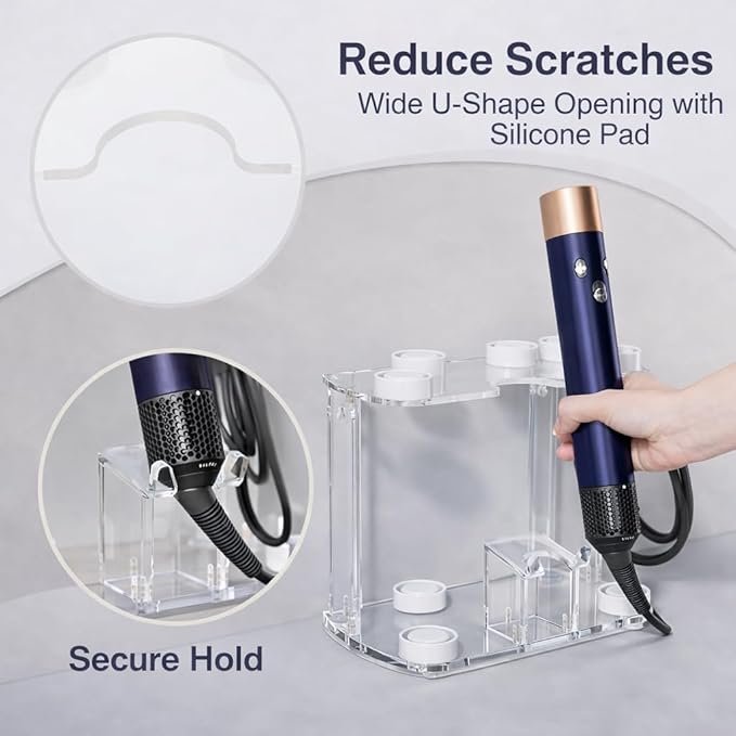 Storage Holder for Dyson Airwrap Organizer with 8 Slots, Clear Acrylic Wall Mount Or Freestanding Stand Fits Shark Hair Dryer Holder, Silicone Pads for Bathroom Vanity Countertop