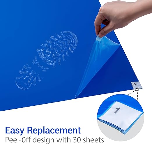 Adhesive Mat Tacky Pads 24" x 36", (Case of 4 Packs, 30 Sheets/Packs, 120 Sheets Total) Blue Cleanroom Floor Sticky Mats Capture Dirt for Laboratory, Construction, Hospital, Shoes, Pet, Gym