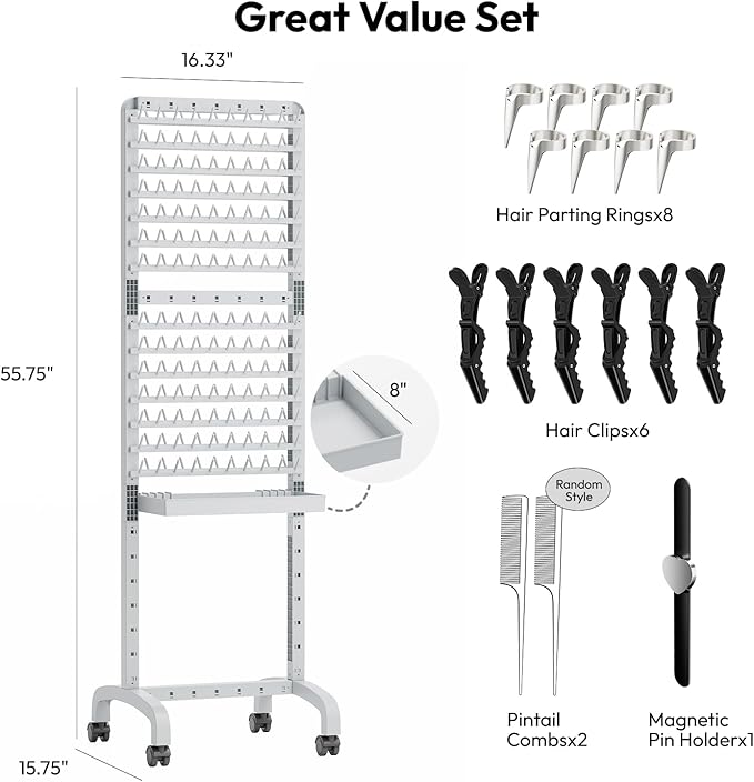 280 Pegs Braiding Hair Rack with Tray and Tools, Height Adjustable, 2-Side Braid Rack with Wheels, Standing Braider Hair Stand Separator Extension Holder Perm Accessories for Salon Home