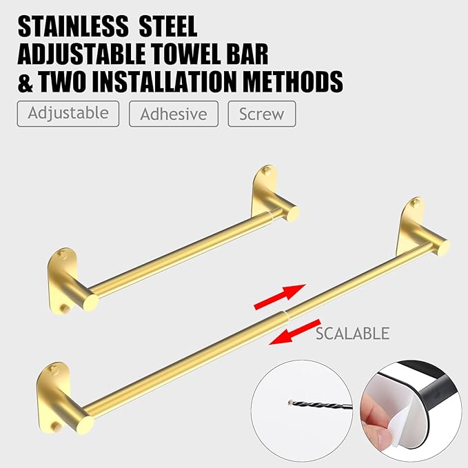 Towel Bar, Adjustable 14.4inch - 25.2inch Towel Rack, Self Adhesive & Wall Mounted for Bathroom Kitchen Hand Towel Holder Cloths Hanger SUS 304 Stainless Steel Organizer Single Bar (4, Gold)