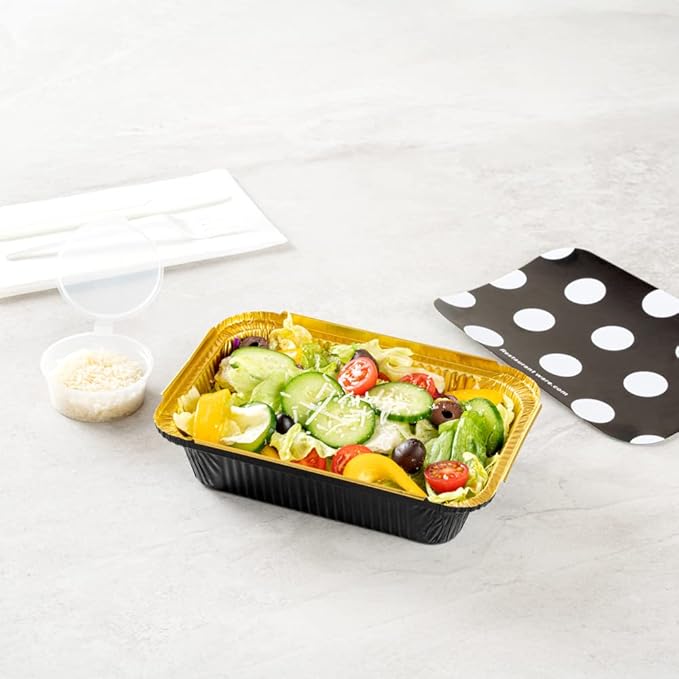 Restaurantware 16 Ounce Disposable Takeout Containers 50 Rectangle Food Containers - With Polka Dot Lids Black And Gold Takeaway Containers Aluminum Delivery Containers Freezable