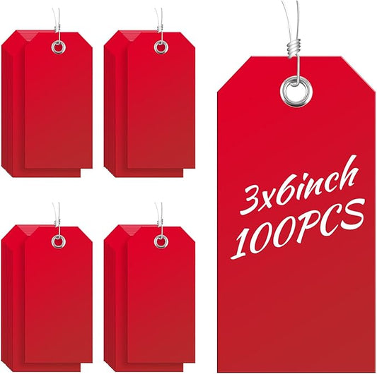 100 Large Red Plastic Shipping Tags - 3x6 inch, Heavy Duty, Waterproof, Writable Wire Tags with String Attached for Luggage, Garage, Inventory, Car Parts