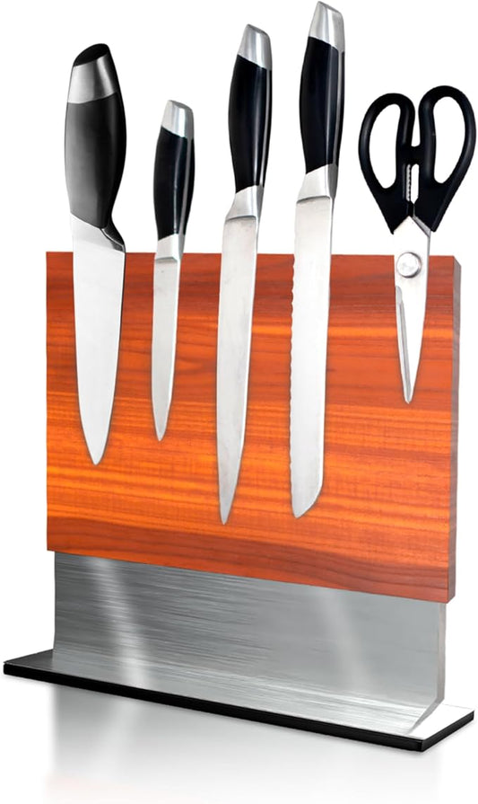 FOSSTA PRODUCTS Magnetic Knife Block – Acacia Wood Double-Sided Knife Holder with Steel Base & Strong Magnets, Modern Kitchen Knife Storage Stand (Knives Not Included)