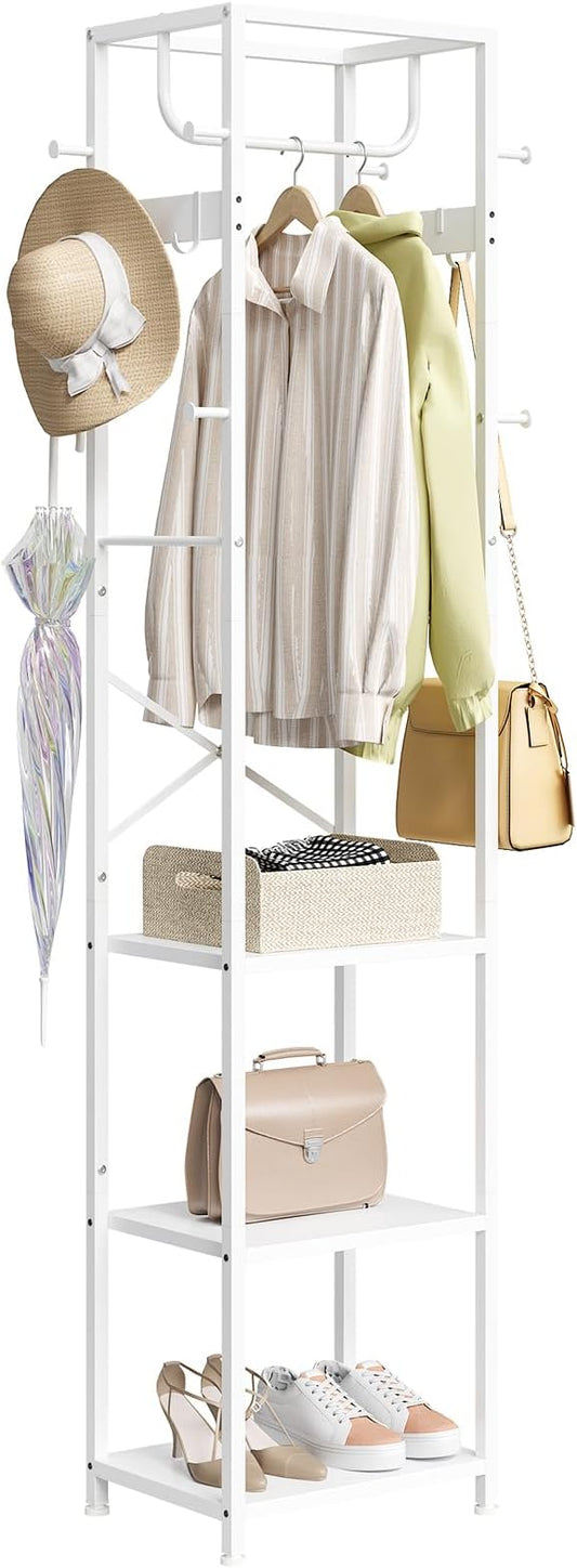 ELYKEN Coat Rack Freestanding, Hall Tree with 3 Storage Shelves and 12 Hooks, Industrial Clothes Rack Stand Organizer for Bedroom, Hallway, Entryway, Office, Living Room, White