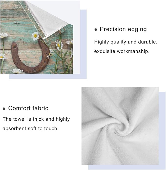Rustic Western Horseshoe Bath Towels Set,Absorbent Soft 3 Piece Teal White Daisy Flower Wooden Barn Plank Towels for Bathroom,1 Bath Towel 1 Hand Towel 1 Washcloth,Decoractive Bathroom Towels