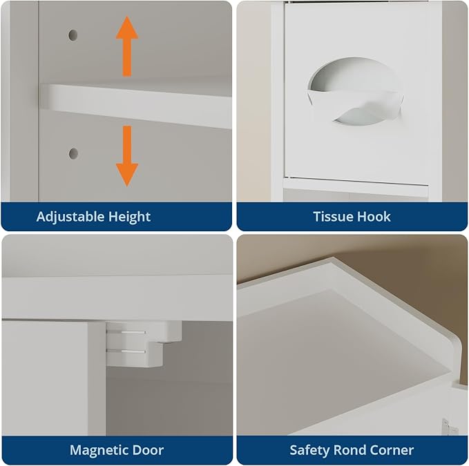 Over The Toilet Storage Cabinet with Toilet Paper Holder Double Door Bathroom Organizer with Adjustable Shelves Freestanding Bathroom Shelf Toilet Storage Cabinet Space-Saving Toilet Rack, White