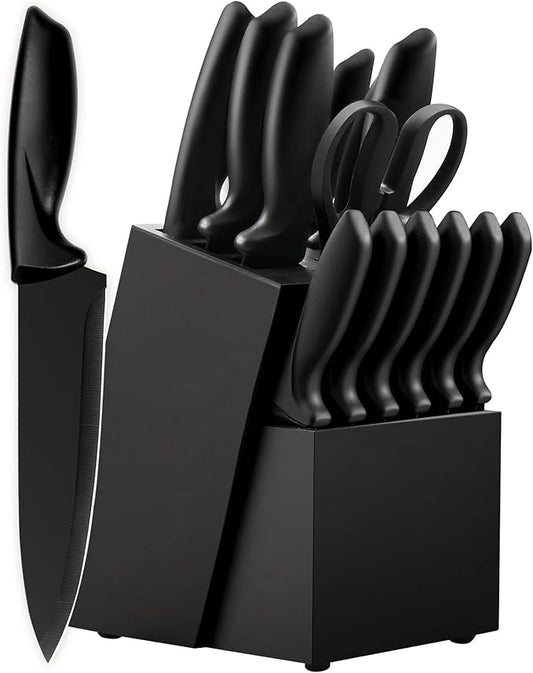 Knife Set, KroWallu 16 Pieces Knife Sets for Kitchen with Block, Dishwasher Safe Kitchen Knife Set with Built-in Sharpener, Japanese Stainless Steel Black Knife Block Set