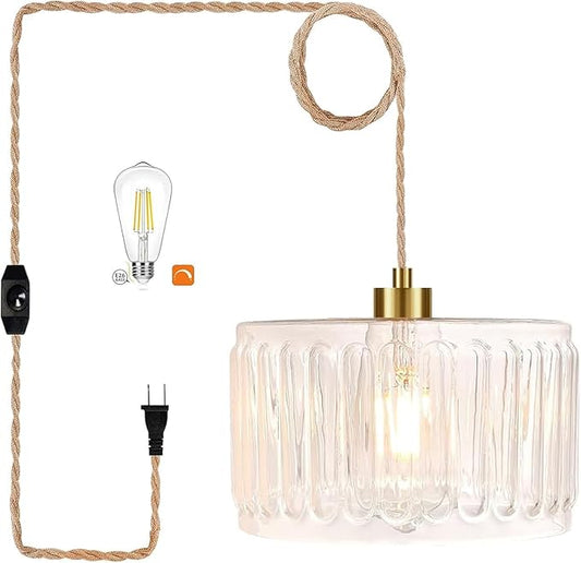 Glass Plug in Pendant Light Hanging Lights with Plug in Cord Milk White Hanging Lamp Gold Dimmable Mid Century Modern Plug in Chandelier Ceiling Fixture for Living Room,Kitchen,Boho