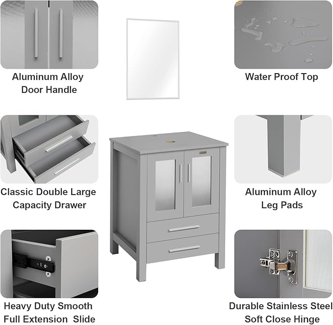 eclife 48" Modern Bathroom Vanity Sink Combo Freestanding Cabinet with Small Side Cabinet, White Shell Ceramic Vessel Sink, Water Save Faucet, Drain (Gray+T54)