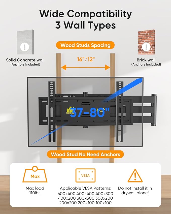 FORGING MOUNT Long Arm TV Wall Mount for 42-80 inch TVs, 43" Extension Full Motion TV Mount with Articulating Arm Swivel,Tilt and Level Adjustment, MAX VESA 600x400mm, Holds up to 110 lbs