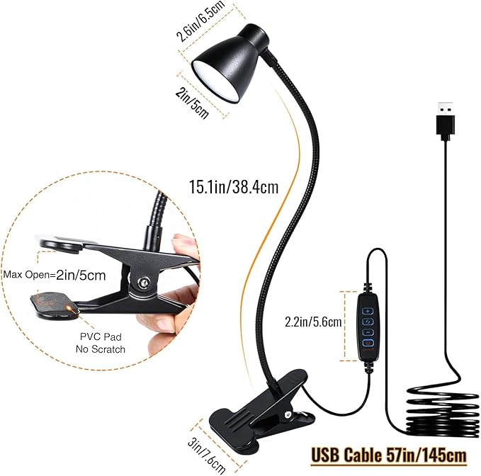 CRI 90+ Clip on Reading Light, Small Clamp on Desk Lamp, 3000K-6500K Adjustable Color Temperature, Gooseneck Bed Clip Light for Headboard(Adapter Included)