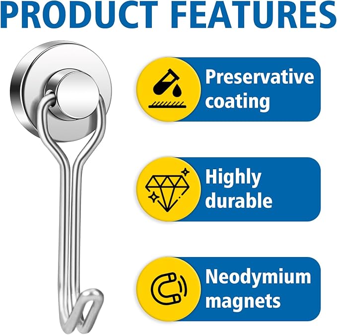 BAVITE Swivel Swing Magnetic Hooks New Upgraded, Refrigerator Magnet Hook,Strong Neodymium Magnets, Perfect for Refrigerator and Other Surfaces, Silver 30lb 12pack