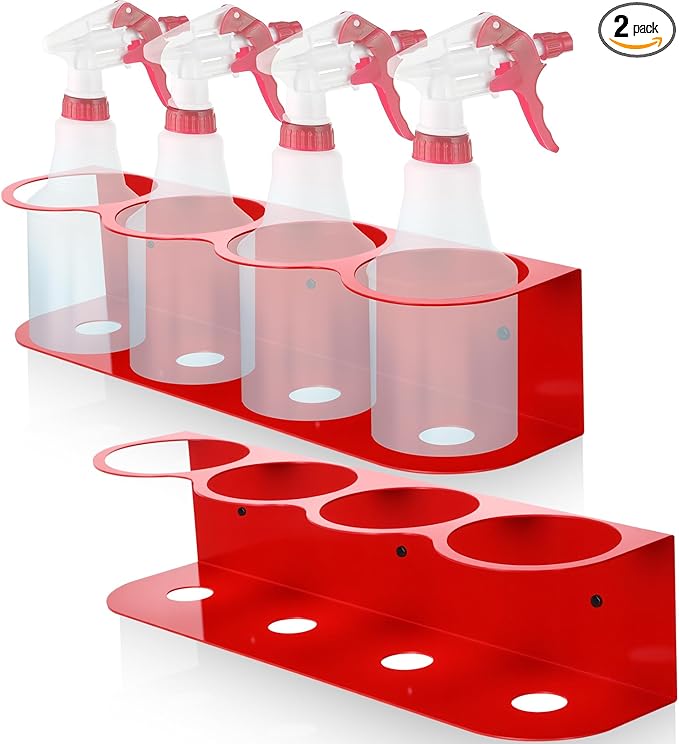 2 Pcs All Purpose Steel Spray Bottle Holder Heavy Duty Can Holder Rack Organizer Easy Install Wall Mount Paint Spray Bottle Organizer Storage Rack for Garage Home Workspace(Red,4 Holes)