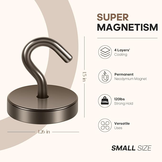 Neosmuk Magnetic Hooks, Cruise Ship Essentials, 120lb+ Heavy Duty Magnetic Hooks for Cruise Cabins, Refrigerator, Grill, Hanging, and Travel | Extra Strong Must-Haves Magnet Hook,Brown