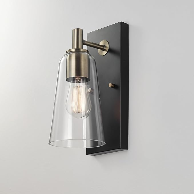 GLOBE Electric 65000045 1-Light Wall Sconce, Matte Black, Matte Brass Accents, Clear Glass Shade, Wall Lights for Living Room, Bedroom, Den, Apartment Essentials, Mounted Bedside Lamp