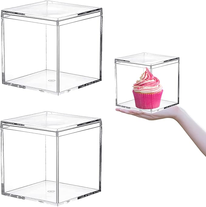 Acrylic Boxes 2 Pieces Clear Boxes with Lid Clear Square Cube Containers Jewelry Storage Boxes for Birthday Valentine's Day Party Favor Candy Pill and Tiny Jewelry