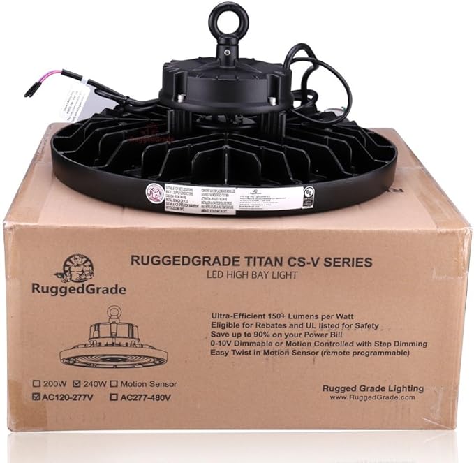 RuggedGrade 240W - Titan VI Series LED High Bay Light UFO with Motion Sensor - 39,600 Lumens - Color Selectable on Fixture 3000K/4000K/5000K - Warehouse, Multisport Gyms & Workshops - DLC 5.1 Premium